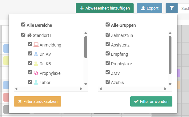 Filterfunktion Abwesenheitenübersicht